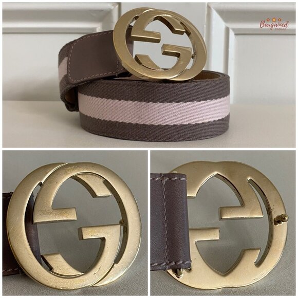 Authentic Gucci Taupe/Pink Web Leather Gold Interlocking G Buckle Belt 80/32 - Picture 2 of 13